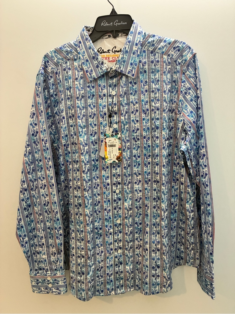 Robert Graham OCEAN AVENUE Blue and White Striped Car-Print Button-Down Shirt